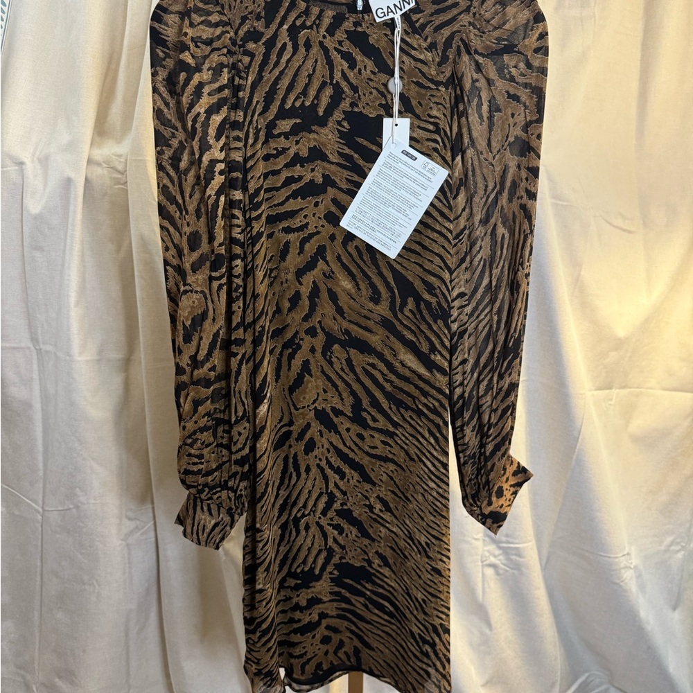 GANNI Animal Print Mini Georgette Dress NWT SZ XS  32 - Picture 2 of 11